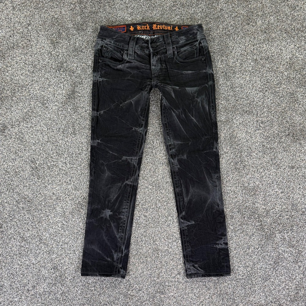 Rock Revival Pat Skinny Black Acid Wash Jeans Womens 26 Low Rise Denim Pants
